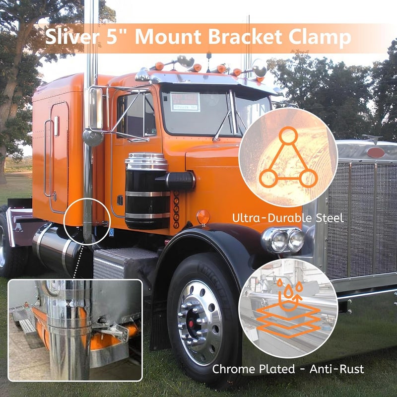 HUDEX 5" Exhaust Stack Mounting Bracket Kit - Compatible with Peterbilt 379 & 359 (1987-1993),Replace#10294,2pcs Chrome Clamp & Adjustment Bolt Included - Silver - Image 2
